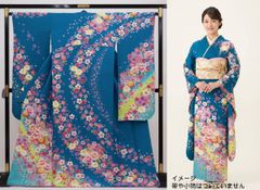 振袖 正絹 青緑X黄緑X水色系 桜 小花 花吹雪 疋田花集柄 可憐 かわいい