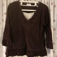 ヴィンテージ 森ガール グランジフェアリー ラテギャル ブラウン レイヤード Tシャツ レース ドット