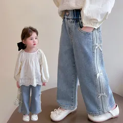 デニムパンツ 女の子 ワイドパンツ リポン付き 可愛いパンツ 子供服 女児 小学生 キッズ  可愛い  おしゃれ カジュアル 90cm 100cm 110cm 120cm  130cm  140cm