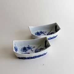 辻製磁☆十四代辻常陸☆染錦かわせみ文長皿＆染付かわせみ文形変皿