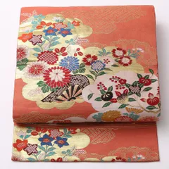 特価！アンティーク 九寸名古屋帯 Aランク 帯丈312cm 正絹 ポイント柄 名古屋仕立て 織り 菊 朱系・ピンク系 RP 1245-02728