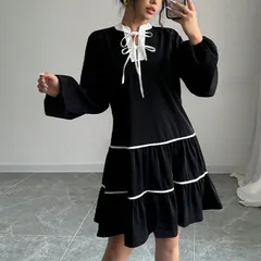 ワンピース   レディース 長袖 ボリューム袖 バルーンスリーブ 春 ワンピ 長袖ワンピース   体型カバー ゆったり きれいめ 膝丈 黒 リボン 配色 