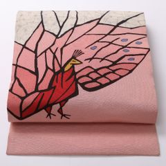 ★専用★美品 開き名古屋帯 紅型染め くすみピンク 3m85cm 縮緬地 正絹 未使用❤紅型染め九寸名古屋帯「めおと鶴」大人色サーモンピンク