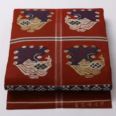 お買い得品！八寸名古屋帯 Aランク 帯丈368cm 正絹 ポイント柄 松葉仕立て 織り インフォーマル 作家物 紬 甲比丹孔雀 赤系 UR 1245-02895