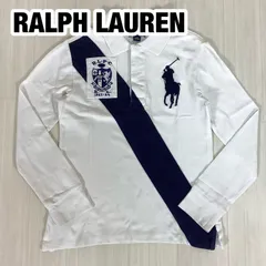 POLO RALPH LAUREN ポロラルフローレン ビッグポニー 斜めライン 長袖ラガーシャツ S(8)  ホワイト×ネイビー 140cm 切り替えし配色 着丈50.5cm 肩幅34cm 身幅(脇下)36.5cm 袖丈49.5cm【古着】