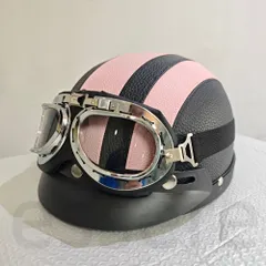 原付ヘルメット 半キャップ 半帽 フリーサイズ ゴーグル付き ネックガード付き 四季通用 軽量 自転車用 ロードバイク用 ピンクのサムネイル