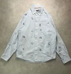 美品インスパイア長袖シャツMメンズストライプ青白アメカジ総柄刺繍鹿山木フォレストキャンプボタンダウンシャツ紳士服トップス綿100%カジュアルきれいめのサムネイル