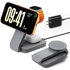 ワイヤレス充電器 3in1 充電スタンド Magsafe充電器 アップルウォッチ充電器 折り畳み式 マグネット式 同時に3つのデバイス充電 iPhone 17／16／15／14／13／12シリーズ 対応／Apple Watch／Airpodsに対応 環境光 0