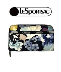 レスポートサック 長財布 ラウンドファスナー 花柄 ネイビー ブルー系