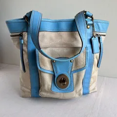 Coach Vintage Signature Blue Canvas Leather Shoulder Tote Bag Y2K Handbag Purse