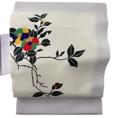【在庫一掃】 名古屋帯 名品 斉藤三才 落款 枝花 ぼかし 薄紫 正絹 【中古】のサムネイル