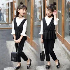 子供スーツ 女の子 セットアップ フォーマル 長袖 入学式 パンツスーツ トップス ズボン ベスト 子供服 ジュニア 大人っぽい 卒業式 結婚式 発表会 演奏会 七五三 春秋 3点セット 上下セット 普段着 ブラック カーキ#hgrav