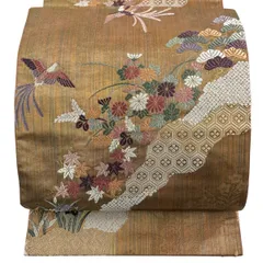 【在庫一掃】 【美品】 袋帯 秀品 花鳥 亀甲 唐織 箔 薄茶色 六通 正絹 【中古】
