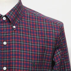 ラルフローレン シャツ メンズ ボタンダウンネルシャツ M L 紺×赤×緑×生成り タータンチェック 緑ポニー  CLASSIC FIT 大き目 美品 アメリカ古着
