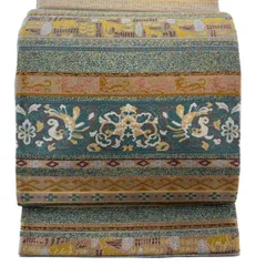 【在庫一掃】 【美品】 袋帯 名品 花唐草 鳥 箔 金糸 灰色 六通 正絹 【中古】
