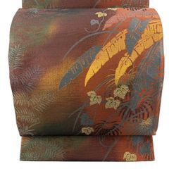 在庫一掃】 【美品】 袋帯 逸品 中村乃武夫 落款 縦縞 箔 灰緑 六通