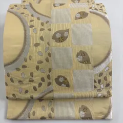 【在庫一掃】 袋帯 名品 花びら 桜 刺繍 金糸 薄黄土色 六通 正絹 【中古】