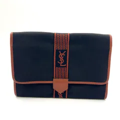 【限定価格】YVES SAINT LAURENT ショルダーストラップ付属無し レザー×キャンバス ブラウン×ブラック クラッチバッグ シルバー