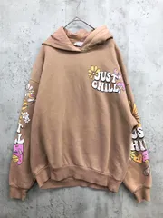 Bershka ベルシュカ ワイドビッググラフィックJUST CHILL フラワー キノコ プルオーバー パーカー sizeXS/ベージュブラウン ■■ レディース