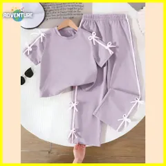 キッズかわいいリボン 半袖Tシャツ ズボン セットアップ ジャージ風110 120 130 140 150紫パープルゆめかわ 韓国セットアップ上下セット小学生ガールズ中学生 女の子ダンス練習服パジャマ【arc】NP