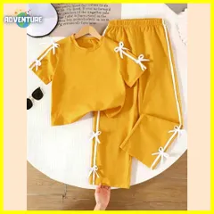 キッズかわいいリボン 半袖Tシャツ ズボン セットアップ ジャージ風110 120 130 140 150黄色イエローゆめかわ 韓国セットアップ上下セット小学生ガールズ中学生 女の子ダンス練習服パジャマ【arc】NP