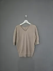 ベージュ Vネック ニット 半袖 Tシャツ L