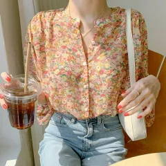 ブラウス シフォン ボリューム袖 レディース ノーカラー 花柄 フリル シフォンブラウス 総柄 長袖 薄手 エレガント 上品 華やか 二の腕カバー 着瘦せ トップス 柄 オフィス 大人可愛い セレモニー 花柄シャツ 入学 卒業 春 夏 秋 冬 ギフト
