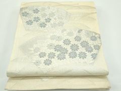 J 美品 夏物 松皮花文様 銀糸 白 六通 正絹 薄物 絽 紗 名古屋帯 10 