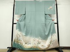 訪問着 単衣仕立て 正絹綸子 薄緑地に金箔の扇柄に吉祥花の友禅絵羽 