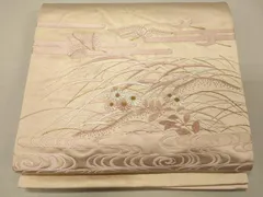 平和屋着物◎太鼓柄袋帯　刺繍　流水芝花鳥文　金糸　正絹　逸品　CABG5842oy