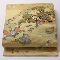 特価！九寸名古屋帯 Aランク 帯丈354cm 正絹 創作 名古屋仕立て 織り セミフォーマル 御所解 黄系 RP 1245-02906のサムネイル