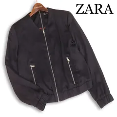 ZARA ザラ 通年★ サテン ジップ 総裏 ショート ノーカラー ブルゾン ジャケット Sz.L レディース 黒