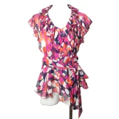 ダイアンフォンファステンバーグ DIANE von FURSTENBERG シルクブラウス カシュクール フリル 総柄 インナーキャミソール付き キャップスリーブ 4 M相当 ピンク系 /Xのサムネイル