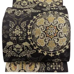 【美品】 袋帯 秀品 向かい鳥 華文 金銀糸 箔 焦茶色 六通 正絹 【中古】