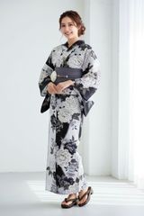 浴衣5点セット 黒×白 綿 モノトーン 浴衣 花柄 半幅帯 下駄 レディース 