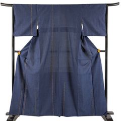 B5美品 夏物 こむさでもーど 縦縞 暈し 藍色 絽 紗 薄物 化繊 小紋