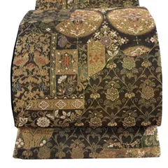 袋帯 秀品 華文 向かい鳥 金糸 箔 焦茶色 六通 正絹 【中古】