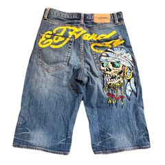 Ed Hardyエドハーディー スカル刺繍 デニムパンツW32 鬼ヒゲハチノス