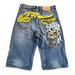 エドハーディー　ed hardy　ハーフパンツ　デニムパンツ　 30 Y2K 刺繍　スカル　骸骨　古着　Mサイズのサムネイル