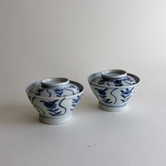 くらわんか 蓋付き茶碗 二客 時代 染付 色絵 金彩 古伊万里 波佐見焼