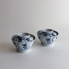 くらわんか 蓋付き茶碗 二客 時代 染付 色絵 金彩 古伊万里 波佐見焼
