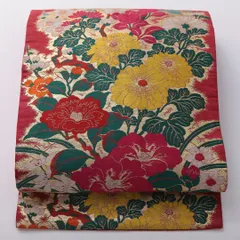 お買い得品！アンティーク 九寸名古屋帯 Bランク 帯丈329cm 正絹 六通 名古屋仕立て 織り 花柄 ピンク系 M4 1245-03326