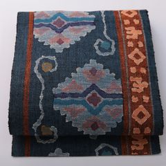 麻　名古屋帯 藍色 橙色の直線模様 麻 名古屋帯 藍色 橙色の直線模様 - メルカリ