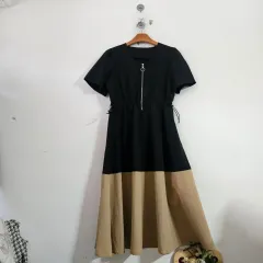 シャカシャカ素材 ブラック ベージュ バイカラー ロング ONE PIECE