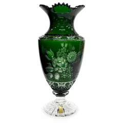 極美品◇Meissen マイセン クリスタルガラス 緑被せ 花文彫刻 フラワーベース 花瓶 クリアグリーン 高さ29cm レディース オススメ◎のサムネイル