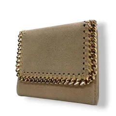 【良品】ステラマッカートニー Stella McCartney ファラベラ 二つ折り財布 コンパクトウォレット ミニ チェーン ベルベット スエード調 エコレザー ベージュ グレージュ ミックス金具 431000 レディース カジュアル モード w1