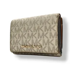 良品 マイケルコース MICHAEL KORS 三つ折り財布 折り財布 ミニ財布 コンパクトウォレット トライフォールド PVC レザー 本革 アイボリー 白 シグネチャー レディース エレガント クラシック カジュアル デイリー 通勤 通学 お出かけ W6