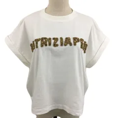パトリツィアペペ PATRIZIA PEPE カットソー プルオーバー クルーネック バックオープン ロゴ 刺繍 ビーズ ビジュー 半袖 0 白 金 ホワイト ゴールドのサムネイル