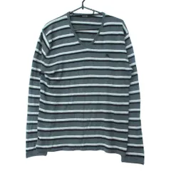 BURBERRY BLACK LABEL バーバリーブラックレーベル ニット ボーダー柄 ホースロゴ刺繡 Ｖネック セーター プルオーバー トップス 長袖  グレー 2【M】 メンズ 【中古】