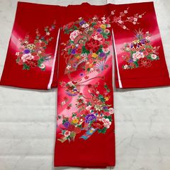子供着物 襦袢付 付け衿付 牡丹に鼓 梅 七五三 3歳 赤色 CK-7306